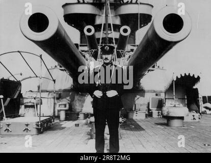 Commander-In-Chief Of Japanese Navy Poses For Picture -- Vice-Admiral Sankichi Takahashi, Commander-In-Chief of the Japanese navy, specially posed for this picture on his flagship 'Yamashiro', a Yokosuka Naval Station, Kanagawa Prefecture, when the Admiral took charge as the commander for the first time with the completion of the re-equipment works for the flagship. The Admiral has been taking the responsibility for the national defence on the sea in full preparation for the coming so-called 'Emergency period' of 1935-6, which will start with a mammoth naval manoeuvres in the Pacific. Jan… Stock Photo