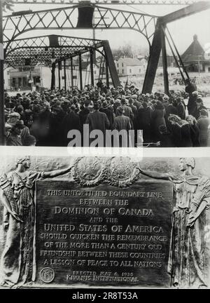 'A Lesson Of Peace To All Nations' -- Ameicans and Canadians gathered recently on the International bridge across St. Croix River, between st. Stephen, N.B. Canada, and Calais,. Me., U.S.A., to dedicate the bronze plaque (below) which proclaims: 'This Unfortified Boundary Line between The Dominion Of Canada and The United States Of America Should Quicken The Remembrance Of The More Than A Century Old Friendship Between These Countries. A Lesson Of Peace To All Nations'. The service was sponsored by Kiwanis International. May 10, 1935. (Photo by Associated Press Photo). Stock Photo