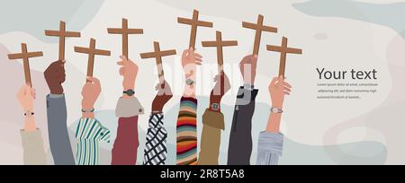 Multicultural christian people hands raised holding a wooden crucifix. Christian worship.Praying or singing. Concept of faith and hope in Jesus Christ Stock Vector