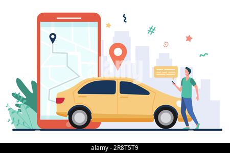 Man with map on smartphone renting car Stock Vector