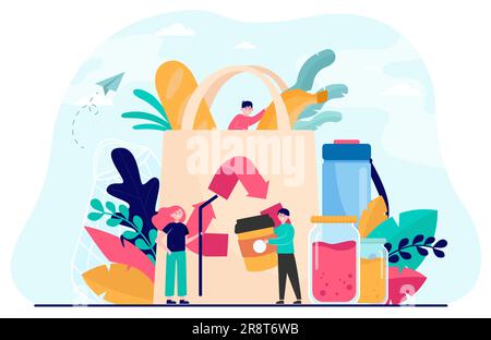 People packing organic food into eco bag Stock Vector