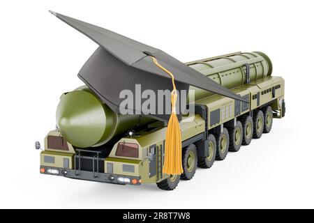 Scud missile, mobile short-range ballistic missile system with education hat. 3D rendering isolated on white background Stock Photo