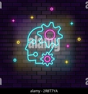 Robot, settings icon , neon on wall. Dark background brick wall neon icon. Stock Vector