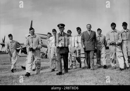 Royal Swedish Air Force ***** Britain -- Marshal of the RAF, Lord Tedder, pictured with some of the Swedish pilots after their arrival at West Malling to-day. ***** of the Royal Swedish Air Force, arrived at the R.A.F. Station, West Malling, Kent, to-day (Monday), on a ten-days good-will visit to this country. Major-Gen. ***** C.B.P., Commander-in-Chief of Swedish fighter Commend, will be in charge of the sixteen officers and twenty N.C.O's. During their stay, the party will visit many of London's famous sights including, The Tower of London, St. paul's Cathedral, Westminster Abbey, and S… Stock Photo