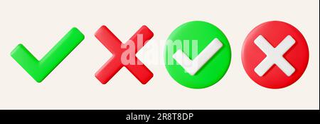 Set of realistic 3D green check mark and red cross. Right and wrong circle buttons. Vector illustration Stock Vector