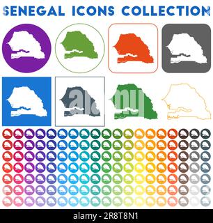 Senegal icons collection. Bright colorful trendy map icons. Modern Senegal badge with country map. Vector illustration. Stock Vector