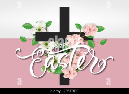 Happy Easter Lettering with Cross Stock Vector