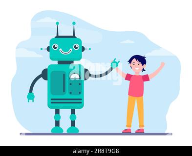 Happy boy rising hands with robot Stock Vector