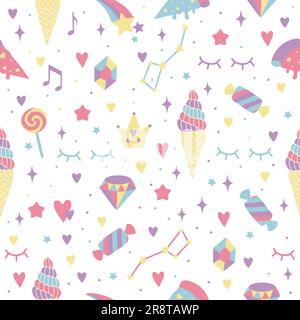 Seamless background with hearts, rainbows, stars, diamonds, crowns. Creative background for nursery. Perfect for kids design, fabric, packaging Stock Vector