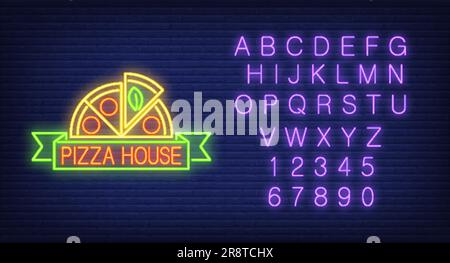 Pizza house lettering, pizza, English alphabet and numbers Stock Vector
