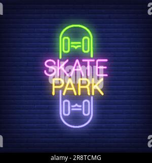 Skate park neon text on skateboard logo Stock Vector