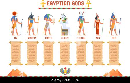 Egyptian gods infographic. God or godness Egypt ancient religion, figured pyramid shape, civil antique deity hierarchy education isis osiris amun ra, ingenious vector illustration of egyptian gods Stock Vector