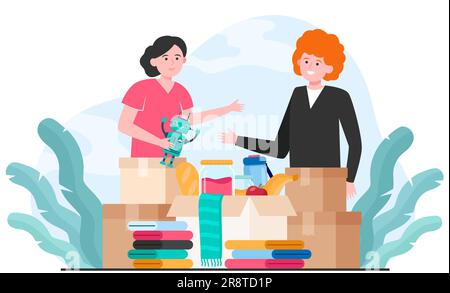 Generous volunteers donating clothes, toys and food Stock Vector