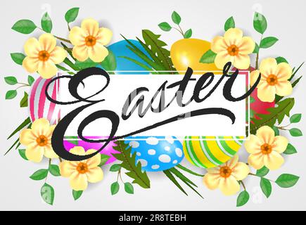 Easter Lettering with Eggs and Flowers Stock Vector
