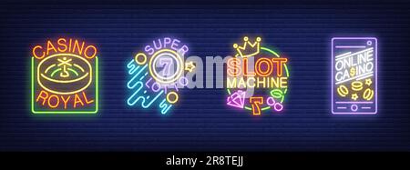 Casino royal, super lotto, slot machine neon sign set Stock Vector