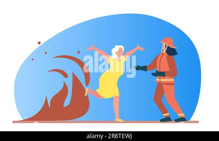 Woman running from fire to firefighter Stock Vector