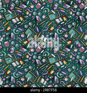 Cartoon cute doodles Back to School seamless pattern. Colorful detailed, with lots of education objects background. Endless funny vector illustration Stock Vector
