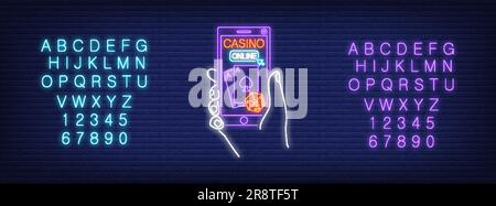 Neon alphabet and phone with online casino on brick background. Signboard template design Stock Vector