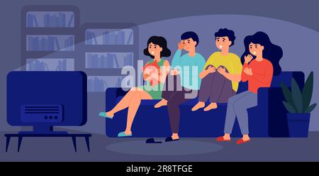 Young friends watching horror movie together Stock Vector