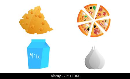 Set Of Different Food - Bread, Pie, Biscuit, Cakes, Eaggs, Omelette, Cheese, Milk, Pizza, Coffee. Stock Vector