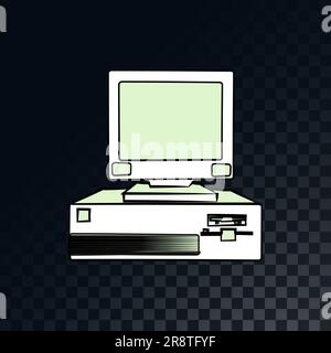 An old retro vintage computer from the 70s, 80s, 90s on a translucent, dark, squared gray background of squares. Vector illustration. Stock Vector