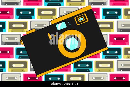 Old black and yellow retro vintage antique hipster obsolete camera on the background of a pattern of multi-colored audio cassettes. Vector illustratio Stock Vector