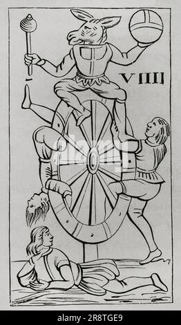 Card from the Florentine Minchiate deck. Wheel of Fortune. Engraving. 'Les Arts au Moyen Age et a l'Epoque de la Renaissance', by Paul Lacroix. París, 1877. Stock Photo