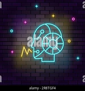 Communication, digital, robot, speak icon , neon on wall. Dark background brick wall neon icon. Stock Vector