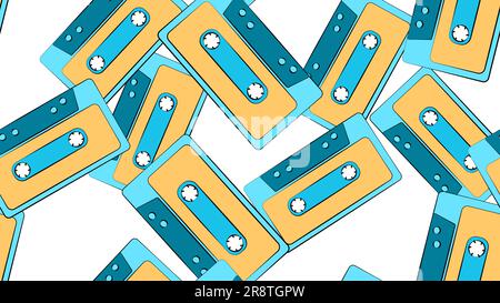 Texture seamless pattern from an old vintage retro hipster antique musical film audio cassette on a background of the 70's, 80's, 90's. The background Stock Vector