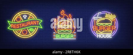 Restaurant, hot burger, house neon sign set Stock Vector