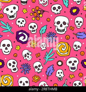 Doodle Halloween sculls, flowers seamless pattern. Skeleton, plant on pink background. Hand-drawn el dia de los Muertos. Mystical character. Vector il Stock Vector