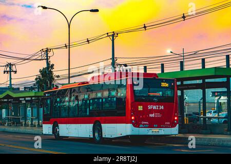 Santiago, Chile -  February 03 2023: A public transport Transantiago, or Red Metropolitana de Movilidad, bus on route. Stock Photo