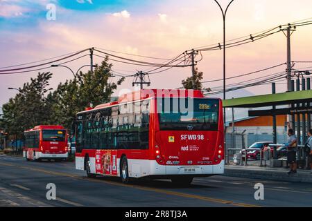 Santiago, Chile -  February 03 2023: A public transport Transantiago, or Red Metropolitana de Movilidad, bus on route. Stock Photo