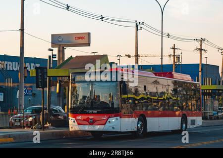 Santiago, Chile -  February 03 2023: A public transport Transantiago, or Red Metropolitana de Movilidad, bus on route. Stock Photo