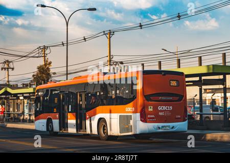 Santiago, Chile -  February 03 2023: A public transport Transantiago, or Red Metropolitana de Movilidad, bus on route. Stock Photo