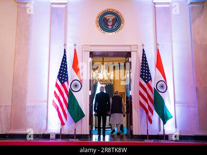Washington, United States. 22nd June, 2023. US President Joe Biden, left, and Narendra Modi, India's prime minister, at the White House ahead of a state dinner in Washington, DC, US, on Thursday, June 22, 2023. Biden and Modi announced a series of defense and commercial deals designed to improve military and economic ties between their nations during a state visit today. Photographer: Al Drago/Pool/Sipa USA Credit: Sipa USA/Alamy Live News Stock Photo