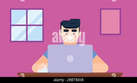 Boy working on laptop at home. online study or work from home concept. flat style vector illustration Stock Vector