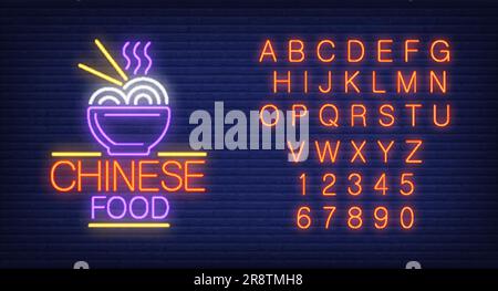 Chinese food and alphabet colorful neon sign set Stock Vector