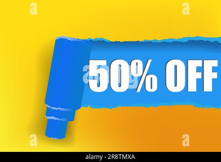 Fifty percent off sale banner design in yellow and blue colors Stock Vector