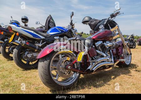 An iconic Harley Davidson with a chromed engine and exhaust pipes parked in a line of motorbikes at a motorcycle rally. Stock Photo