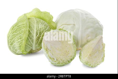 Different whole and sliced types of cabbage as background, top view ...