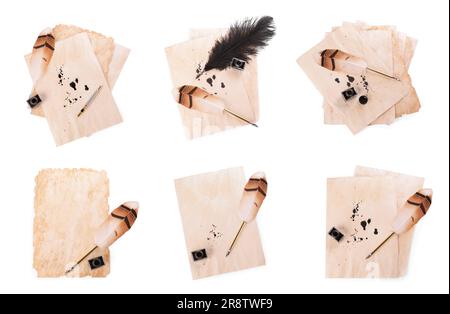 Many sheets of parchment, inkwell and different pens on white background, top view. Collage design Stock Photo