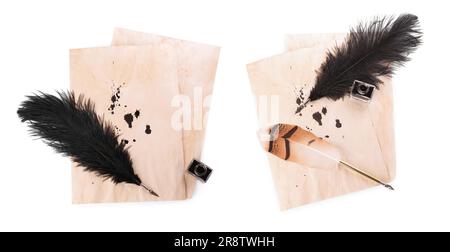Sheets of parchment with stains of ink, feather pens and inkwell on white background, top view. Collage design Stock Photo