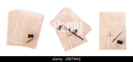 Many sheets of parchment, inkwell and different pens on white background, top view. Collage design Stock Photo