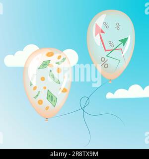 money and stocks in balloons are tied up and flying up. Inflation. Against the backdrop of blue skies. Vector illustration. Stock Vector