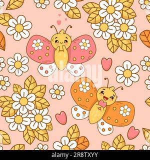 Cute seamless pattern with in love butterflies and daisy flowers on pink background with hearts. Groovy vector Illustration for wallpaper, design, tex Stock Vector