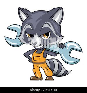 Raccoon with a spanner. Vector illustration of a funny animals. Wild animal, beautiful, predator, zoo. Nature, portrait. Stock Vector