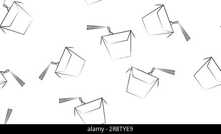 wok noodles in blue box, white background, vector illustration, pattern. black and white illustration in pencil drawing style. wallpaper design, resta Stock Vector