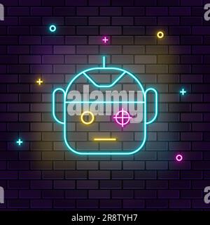 Robot, scanning, smart, security icon , neon on wall. Dark background brick wall neon icon. Stock Vector