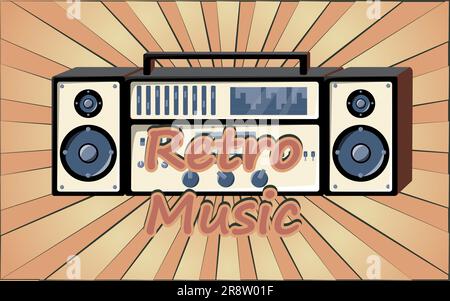 Old retro vintage poster with music cassette tape recorder with magnetic tape babbin on reels and speakers from the 70s, 80s, 90s the background of th Stock Vector